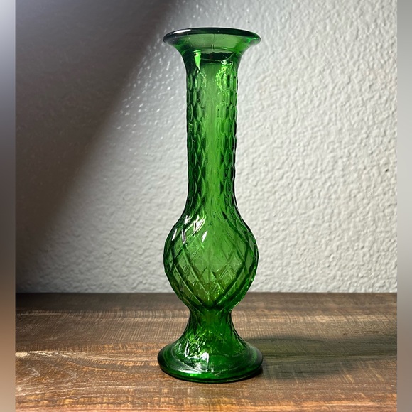 Vintage E.O. Brody Emerald Green Bud Vase Diamond Pattern - Picture 1 of 2
